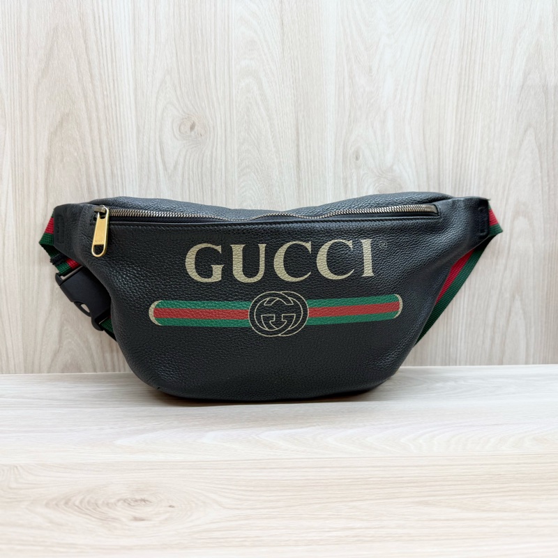 GUCCI黑牛皮綠紅綠背帶胸腰包530412-1