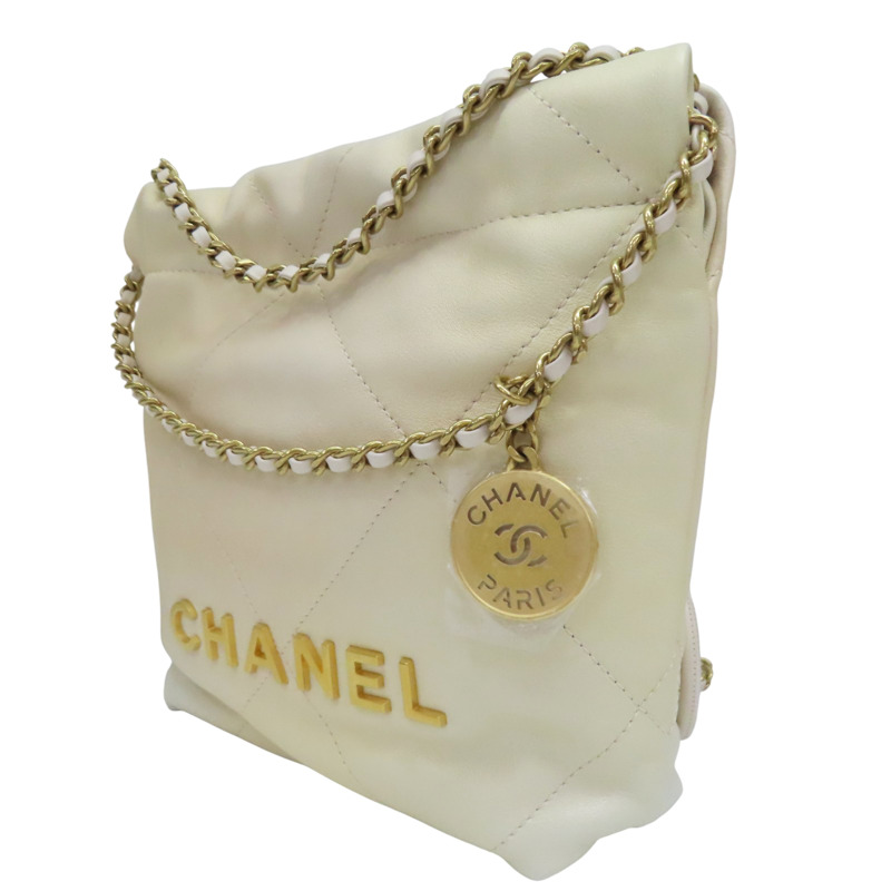米白色 牛皮 Mini 22 肩背包 金釦【CHANEL 香奈兒】 AS3980-2