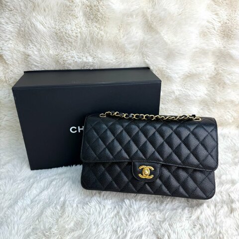 Chanel CLASSIC FLAP 黑色 菱格紋 荔枝牛皮 中號 金扣 CF