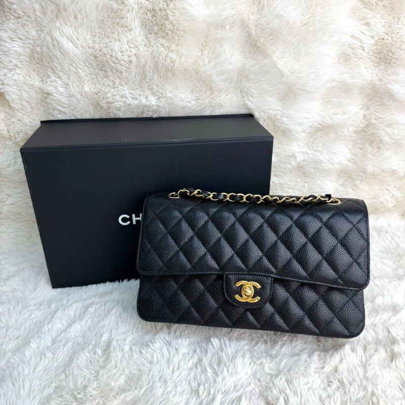 Chanel CLASSIC FLAP 黑色 菱格紋 荔枝牛皮 中號 金扣 CF-0