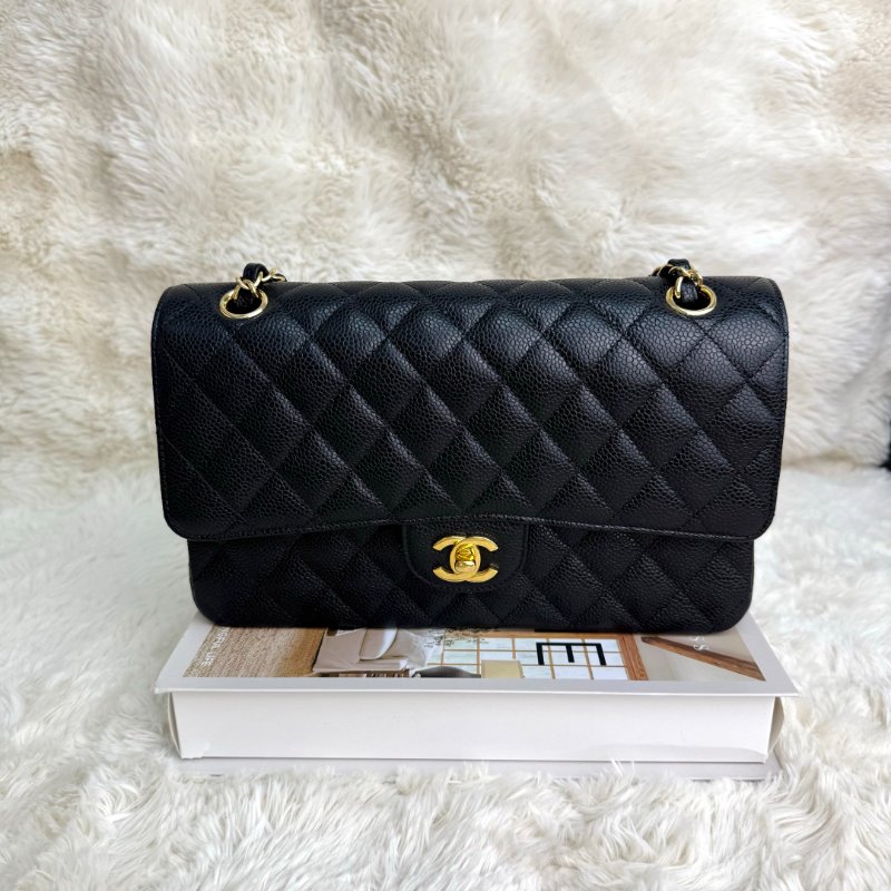 Chanel CLASSIC FLAP 黑色 菱格紋 荔枝牛皮 中號 金扣 CF-1