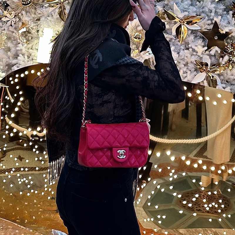 少女心爆棚💕99新🆕Chanel香奈兒唇膏粉銀扣大minicf單肩斜挎鏈條包💄-1