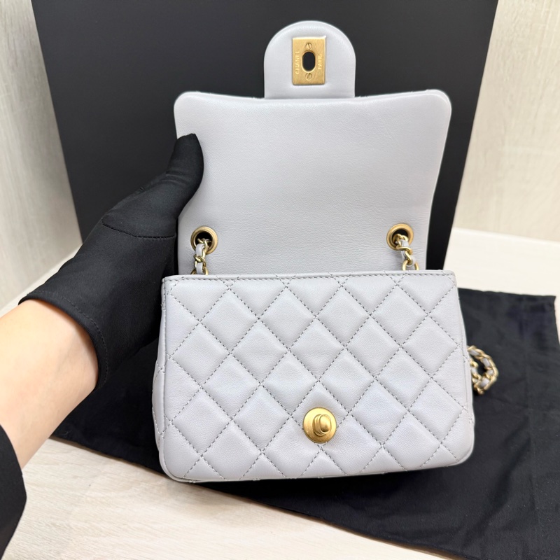 CHANEL✨淺灰羊皮金釦金球方胖 AS1786-7