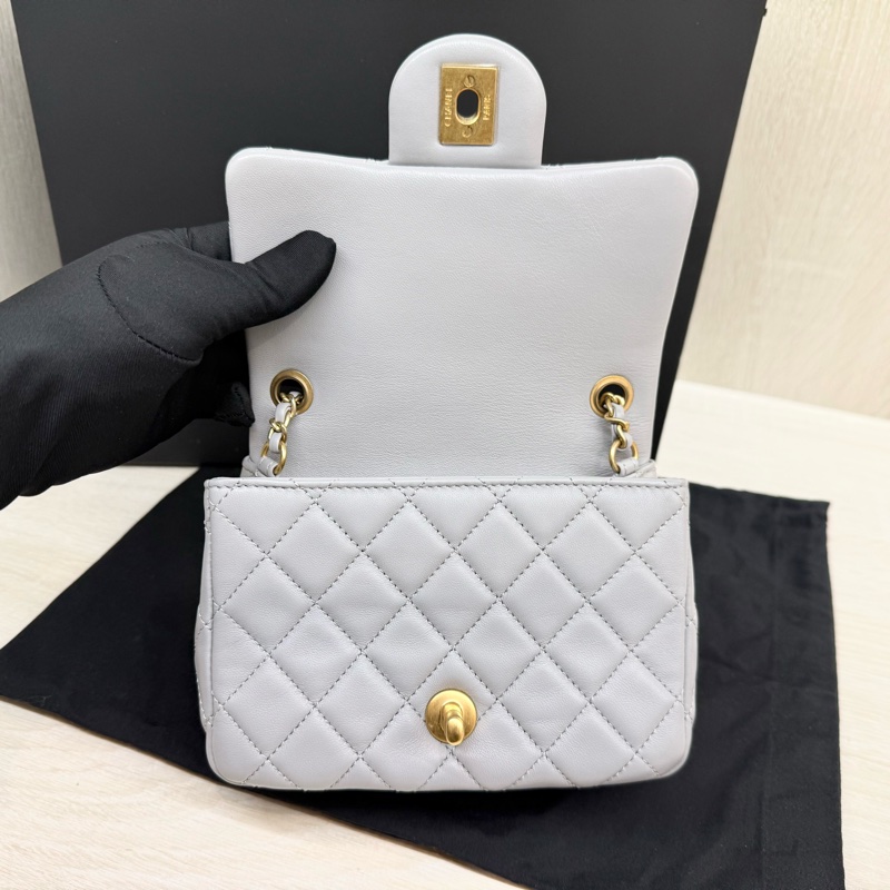 CHANEL✨淺灰羊皮金釦金球方胖 AS1786-10
