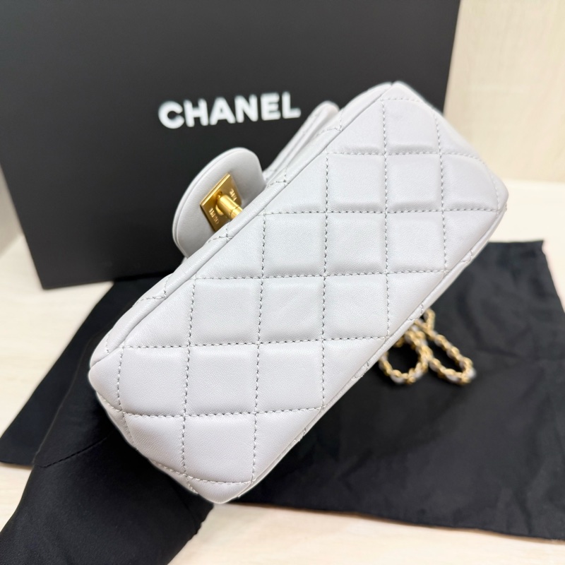 CHANEL✨淺灰羊皮金釦金球方胖 AS1786-11