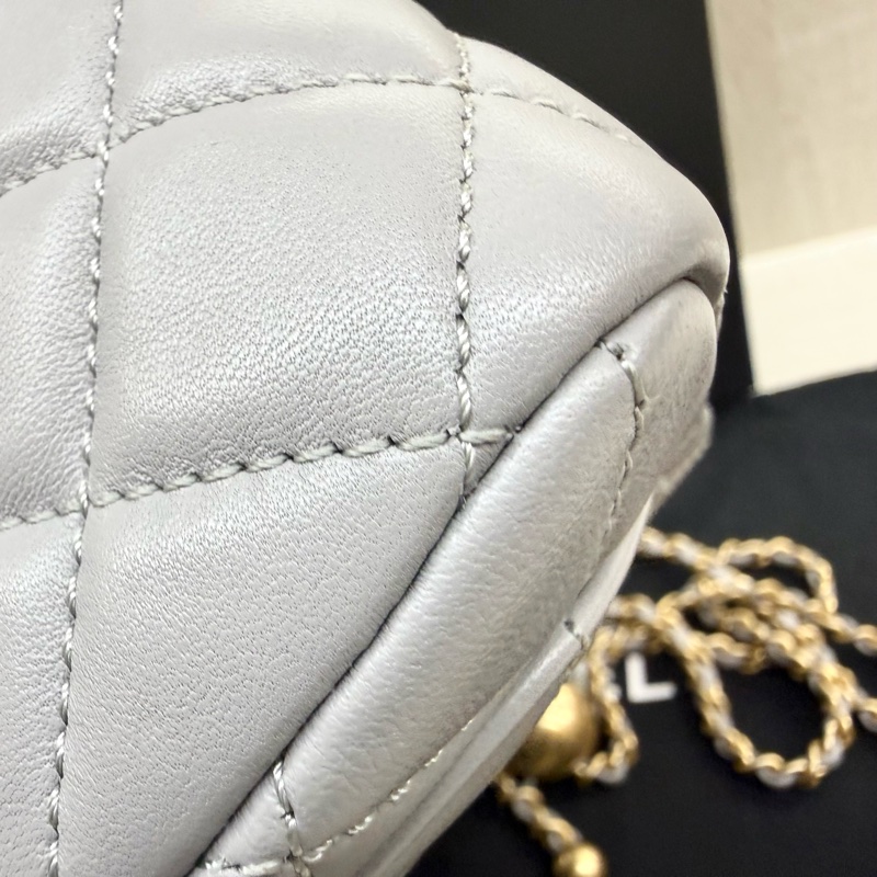 CHANEL✨淺灰羊皮金釦金球方胖 AS1786-14