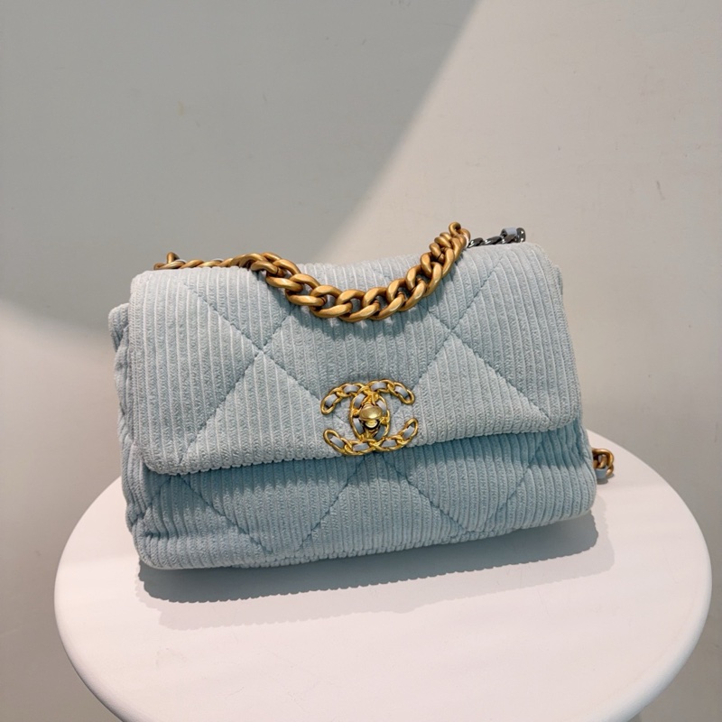 香奈兒Chanel 19bag小號  燈芯絨材質 冰藍色-1