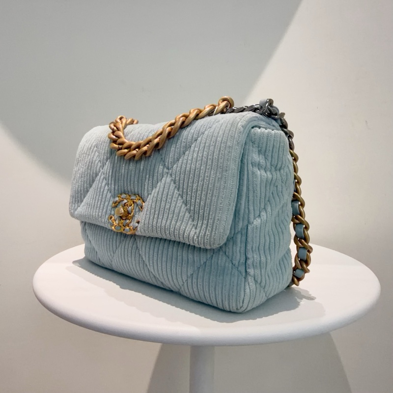 香奈兒Chanel 19bag小號  燈芯絨材質 冰藍色-3