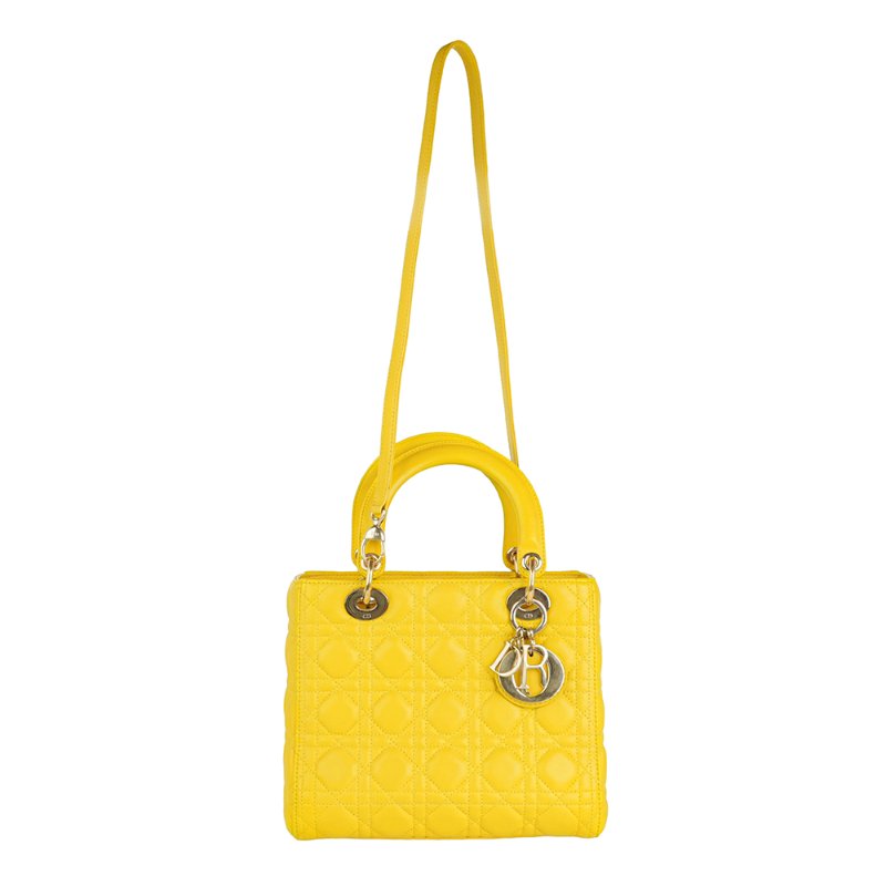 KESH 凱仕國際精品【經典戴妃包 高CP推薦】DIOR Lady Dior 迪奧黃色五格手提包|籐格紋羊皮包|亮黃色金扣-1