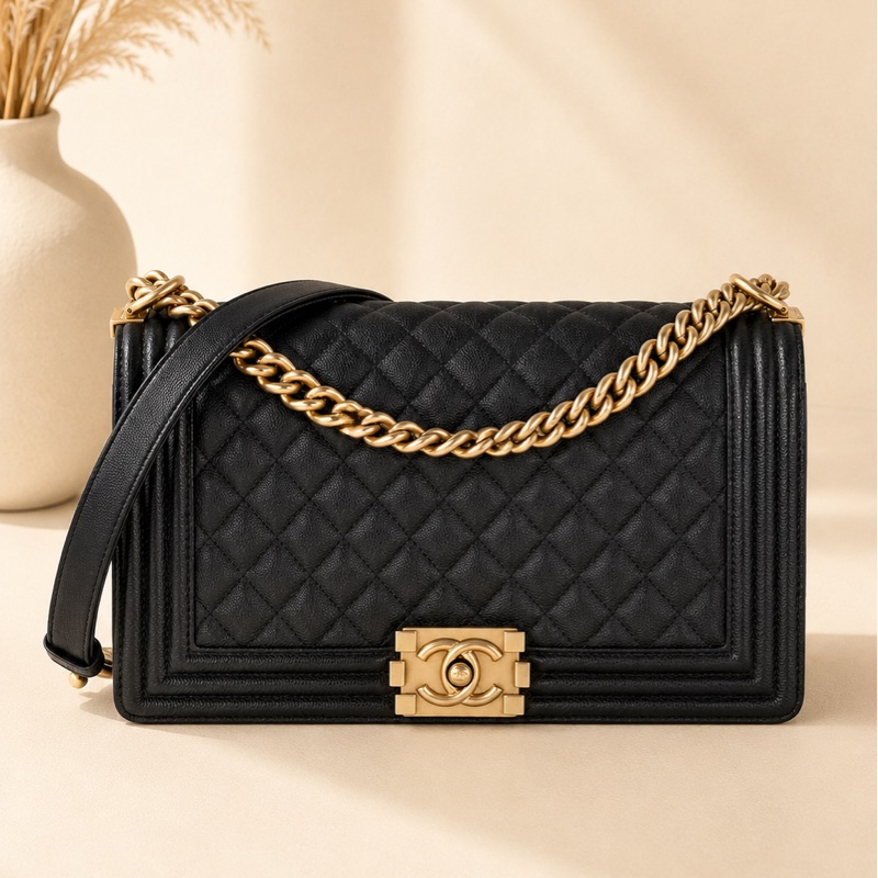 （可議價）CHANEL BOY25 黑金荔枝牛皮-0