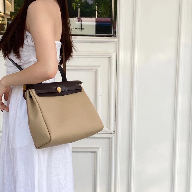 Hermes 愛馬仕 Herbag31 Trench Ebene 風衣灰 烏木色 金釦 帆布 手提包 肩背包-1