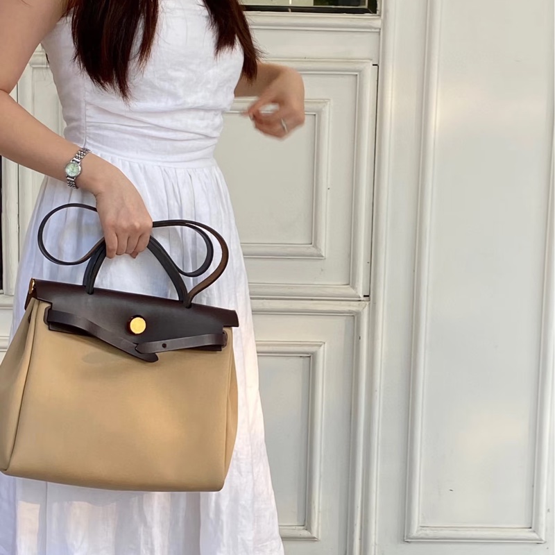 Hermes 愛馬仕 Herbag31 Trench Ebene 風衣灰 烏木色 金釦 帆布 手提包 肩背包-2