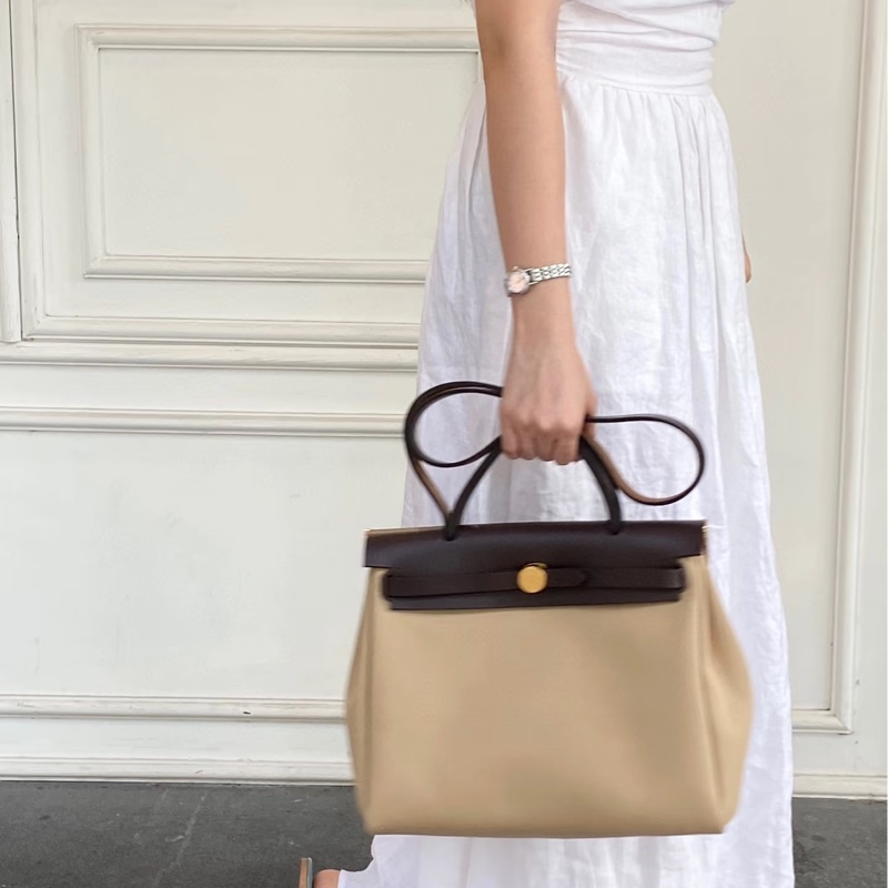 Hermes 愛馬仕 Herbag31 Trench Ebene 風衣灰 烏木色 金釦 帆布 手提包 肩背包-3