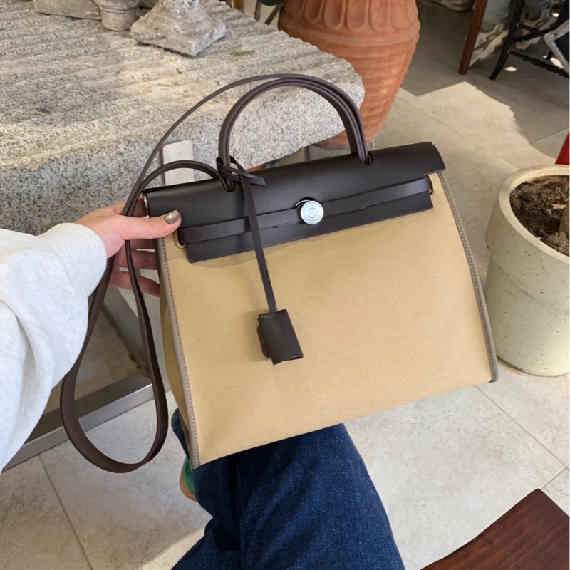 Hermes 愛馬仕 Herbag31 Trench Ebene 風衣灰 烏木色 金釦 帆布 手提包 肩背包-4