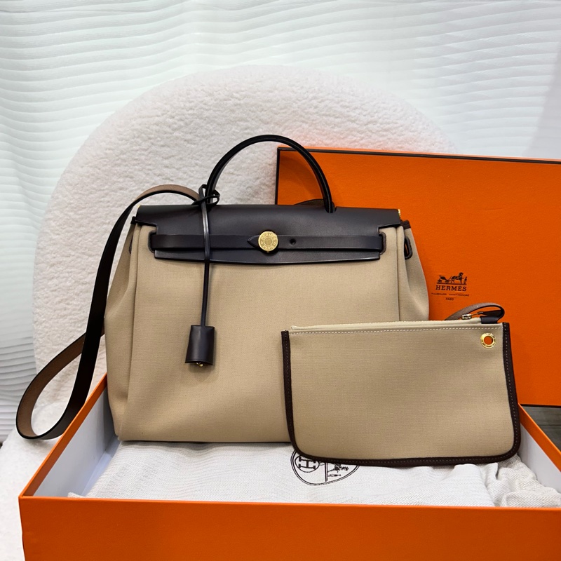 Hermes 愛馬仕 Herbag31 Trench Ebene 風衣灰 烏木色 金釦 帆布 手提包 肩背包-5