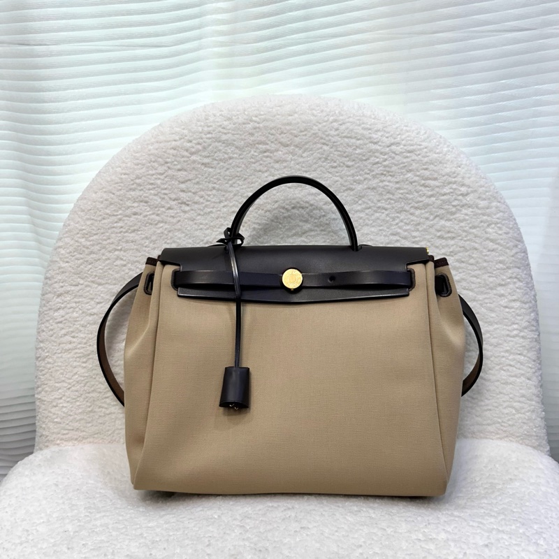 Hermes 愛馬仕 Herbag31 Trench Ebene 風衣灰 烏木色 金釦 帆布 手提包 肩背包-6