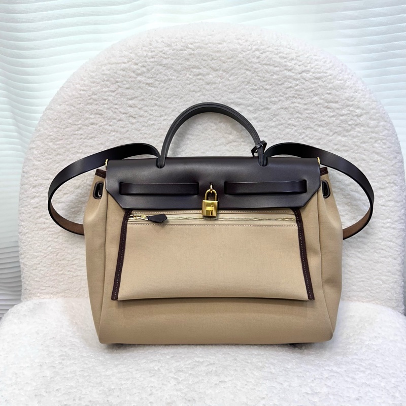 Hermes 愛馬仕 Herbag31 Trench Ebene 風衣灰 烏木色 金釦 帆布 手提包 肩背包-7