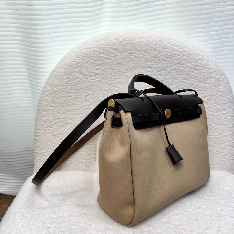 Hermes 愛馬仕 Herbag31 Trench Ebene 風衣灰 烏木色 金釦 帆布 手提包 肩背包-8
