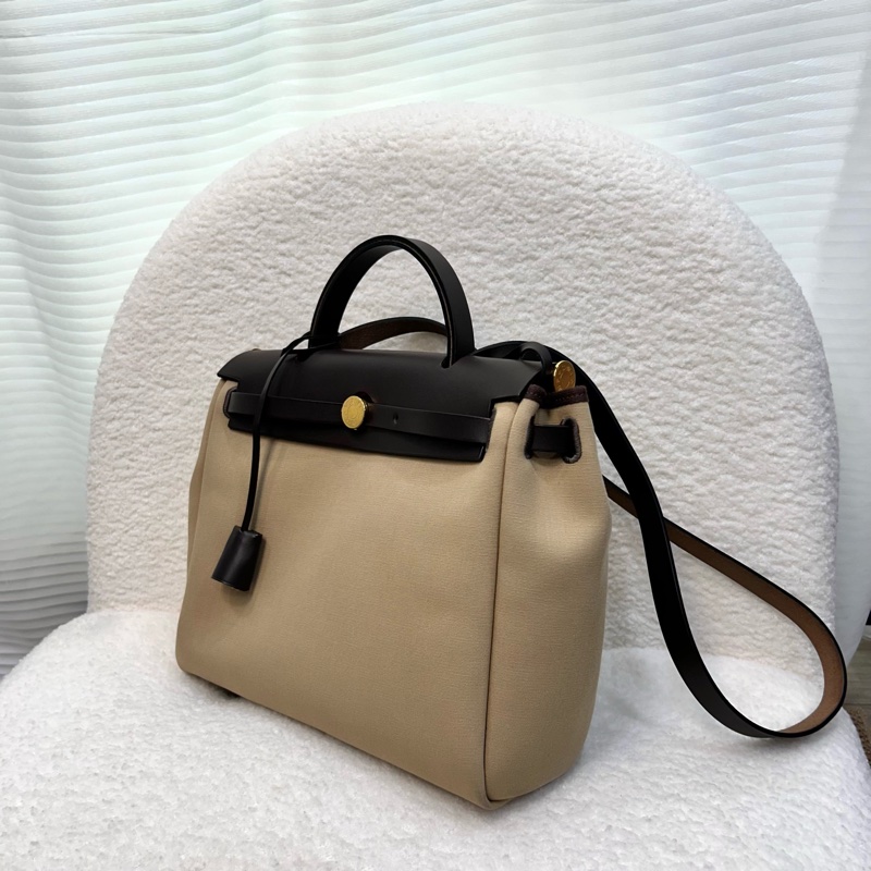 Hermes 愛馬仕 Herbag31 Trench Ebene 風衣灰 烏木色 金釦 帆布 手提包 肩背包-9