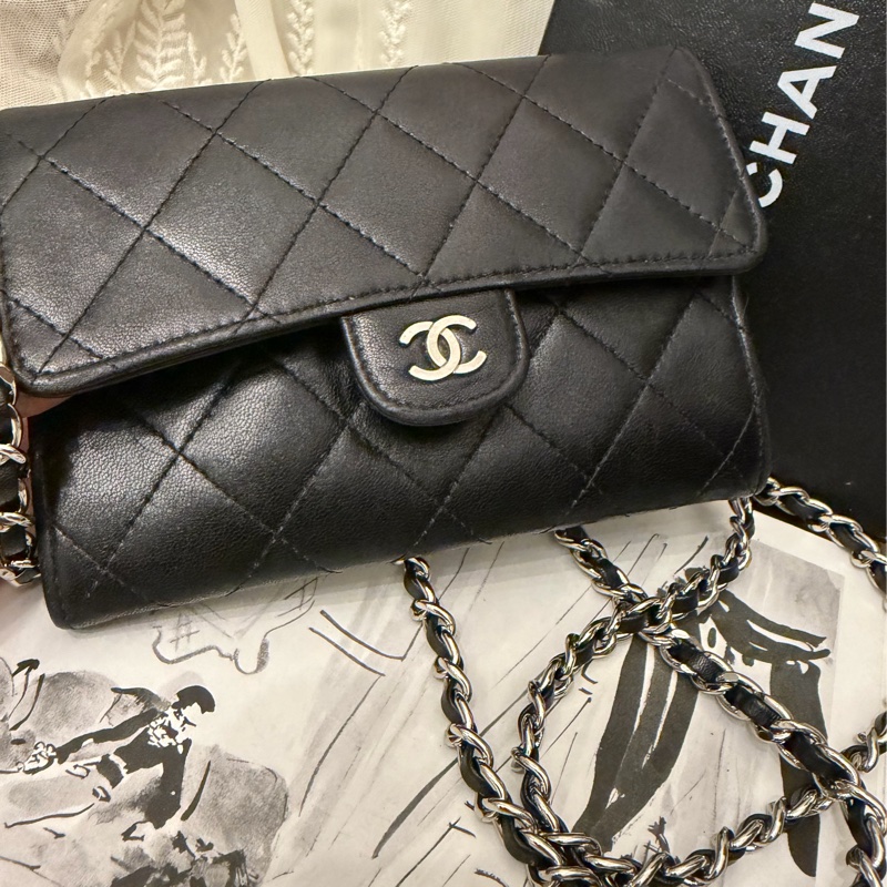 香奈兒 黑色 黑色皮革 菱格 羊皮 黑色皮革 雙c 經典款 長夾 錢包 chanel WOC手袋 側斜包 孭背包 長夾 單肩包 包包 鏈條錢包 chanel black bag-2