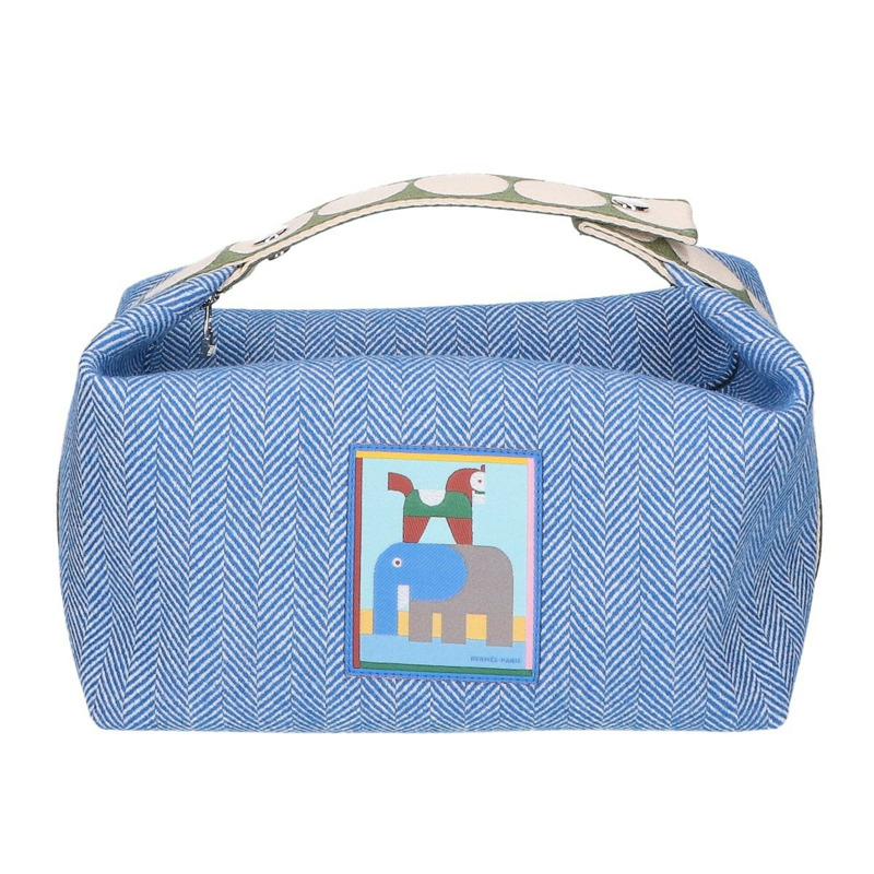 HERMES 26SS H104363M 02 印花 V 形袋 Bride à Block Animaux 手提包 藍色 Gitanes 女式-0