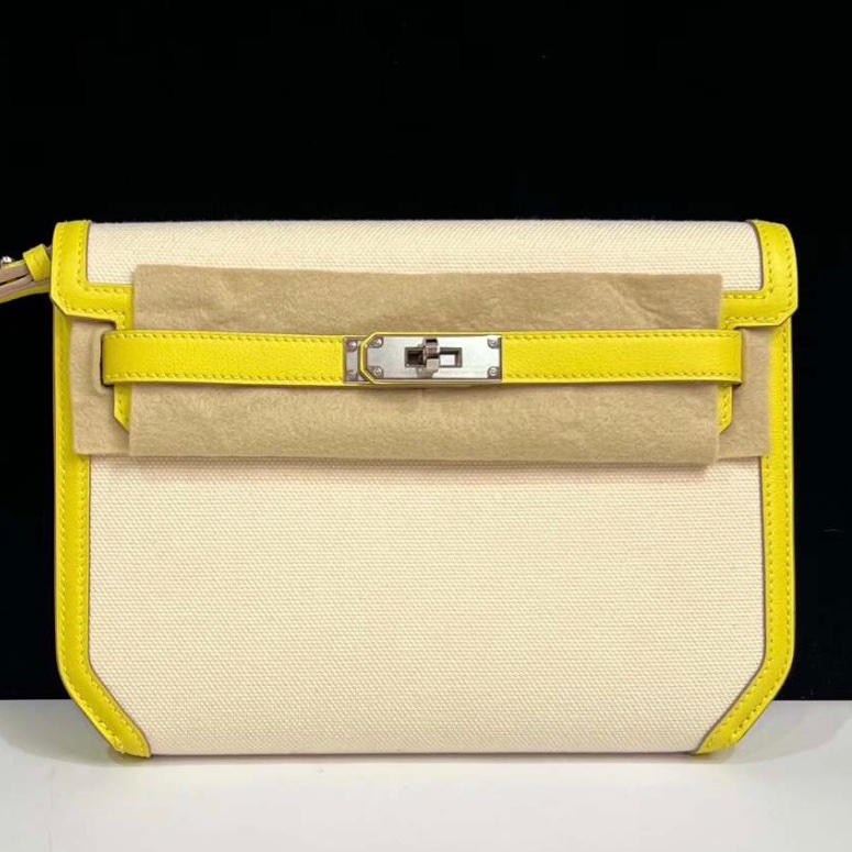 🌈Hermes💛Depeches 25💛檸檬黃拼帆布銀扣🌟全新全套有單🌟Depeches25🌟Kellydepeches🌟kelly🌟愛馬仕🌟-3