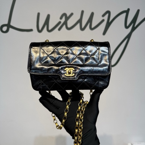 CHANEL 香奈兒 Vintage CF 戴妃 大mini 金珠鏈條包 黑金油臘皮 尺寸18×11