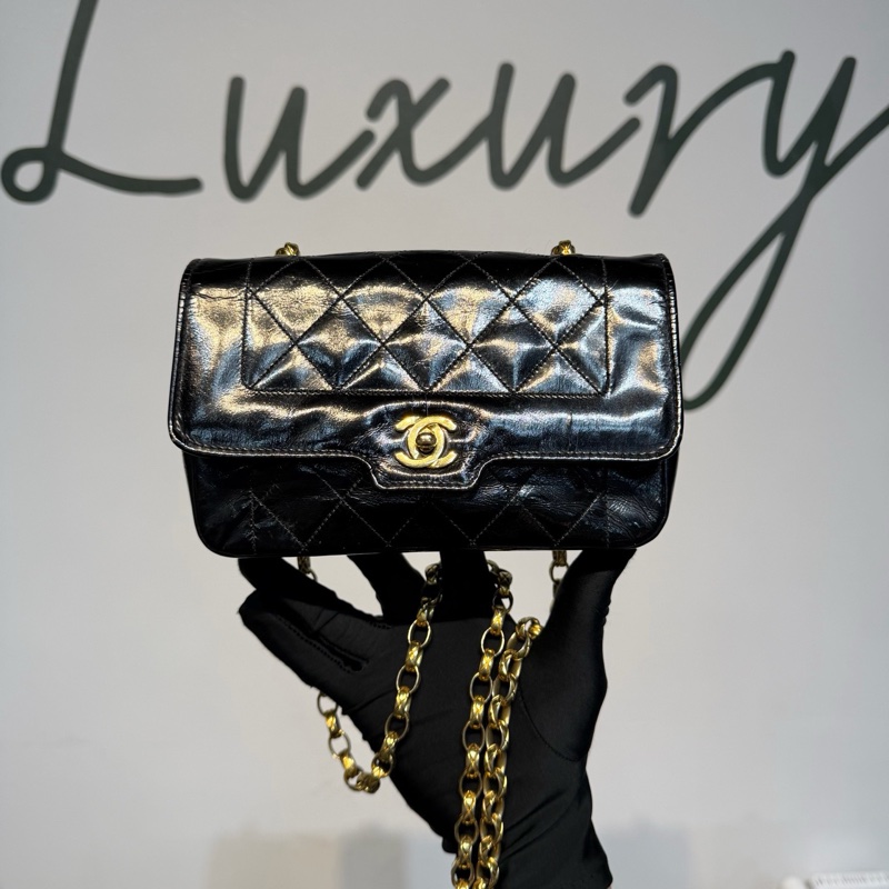CHANEL 香奈兒 Vintage CF 戴妃 大mini 金珠鏈條包 黑金油臘皮 尺寸18×11-0
