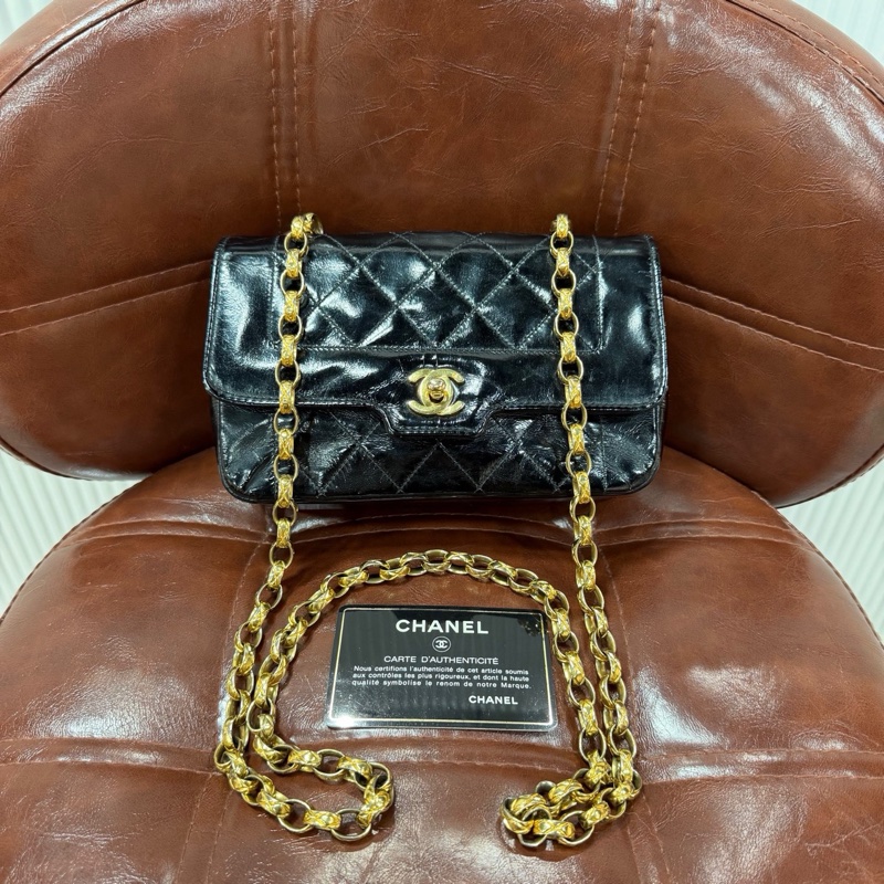 CHANEL 香奈兒 Vintage CF 戴妃 大mini 金珠鏈條包 黑金油臘皮 尺寸18×11-1