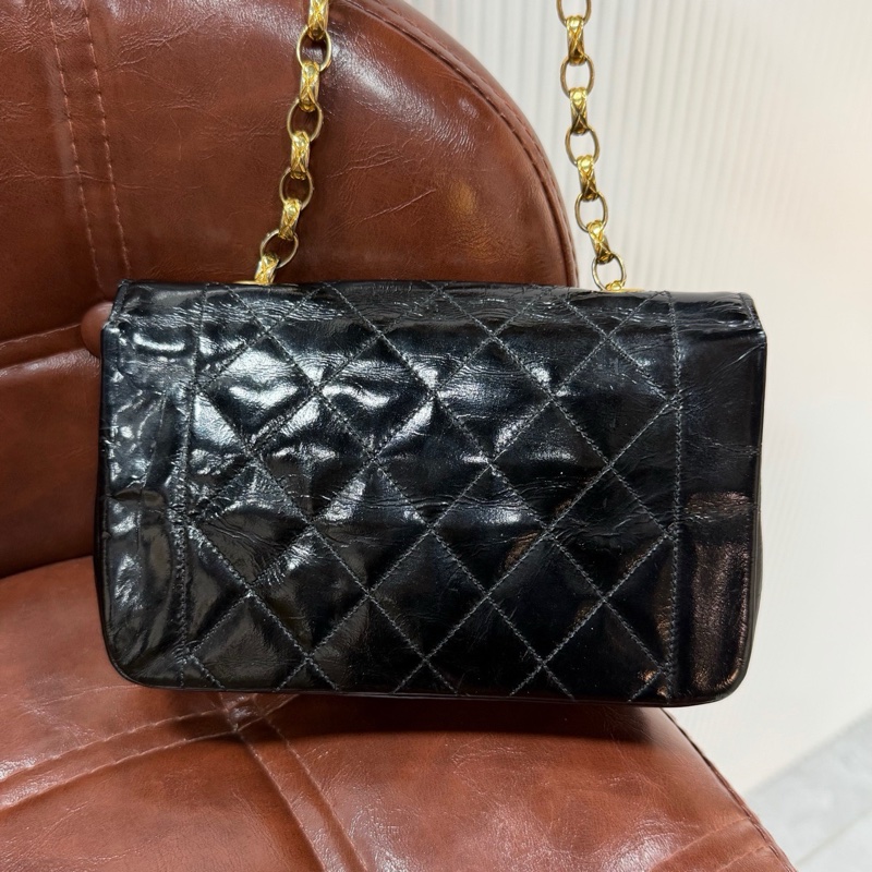 CHANEL 香奈兒 Vintage CF 戴妃 大mini 金珠鏈條包 黑金油臘皮 尺寸18×11-2