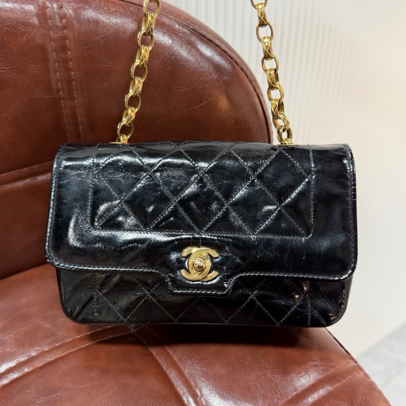 CHANEL 香奈兒 Vintage CF 戴妃 大mini 金珠鏈條包 黑金油臘皮 尺寸18×11-3