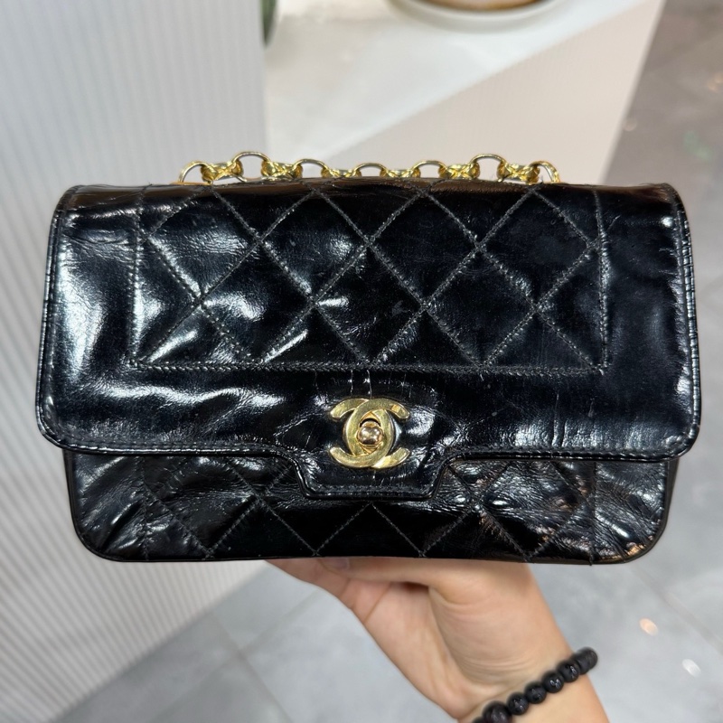 CHANEL 香奈兒 Vintage CF 戴妃 大mini 金珠鏈條包 黑金油臘皮 尺寸18×11-4