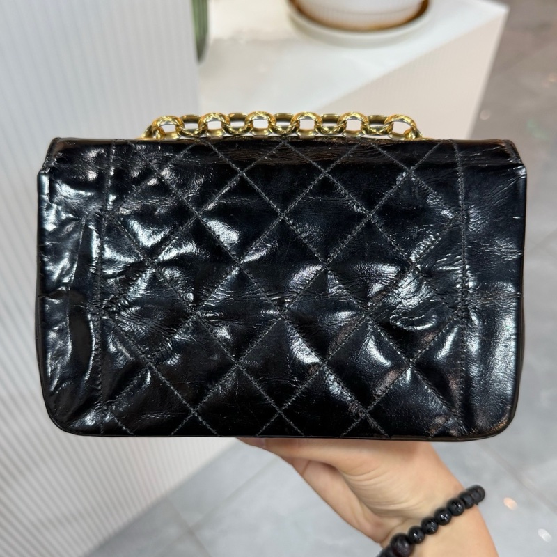 CHANEL 香奈兒 Vintage CF 戴妃 大mini 金珠鏈條包 黑金油臘皮 尺寸18×11-5