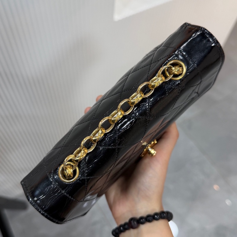 CHANEL 香奈兒 Vintage CF 戴妃 大mini 金珠鏈條包 黑金油臘皮 尺寸18×11-6