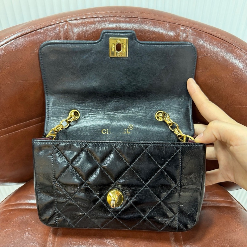 CHANEL 香奈兒 Vintage CF 戴妃 大mini 金珠鏈條包 黑金油臘皮 尺寸18×11-8