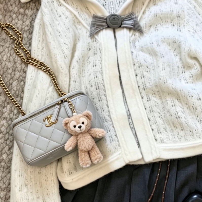CHANEL香奈兒灰色全皮菱格金球長盒子芯片-7
