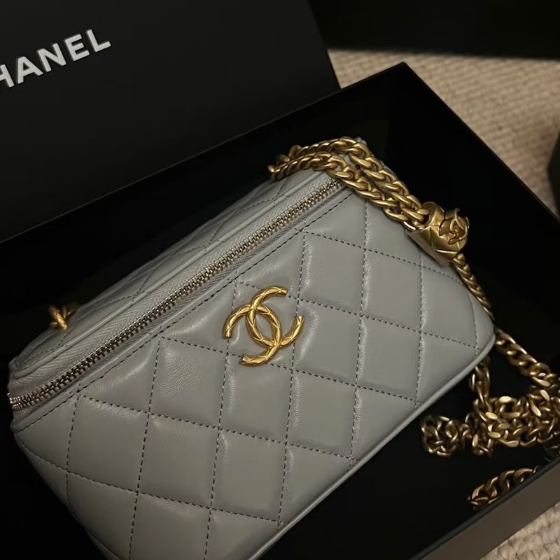 CHANEL香奈兒灰色全皮菱格金球長盒子芯片-19