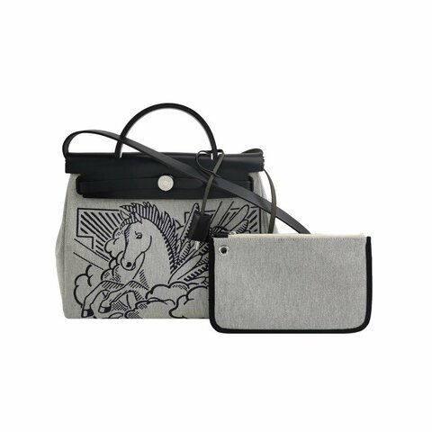 Hermes Herbag31馬鞍釘鎖釦子母包單肩包Hunter牛皮帆布銀扣89黑色淺米色Y刻