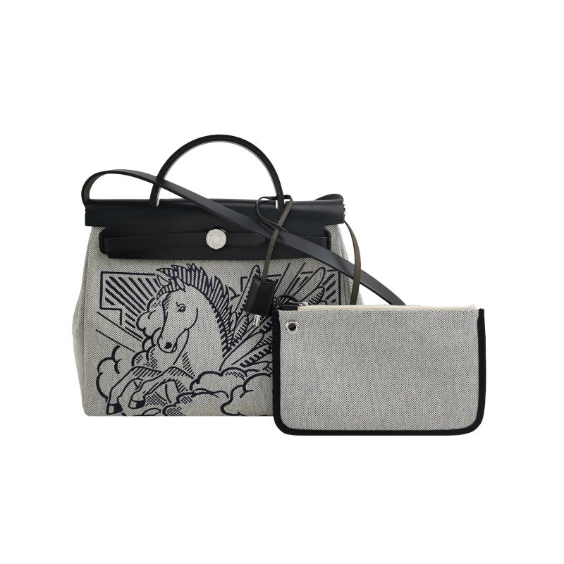 Hermes Herbag31馬鞍釘鎖釦子母包單肩包Hunter牛皮帆布銀扣89黑色淺米色Y刻-0