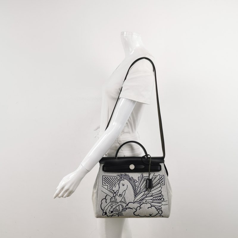 Hermes Herbag31馬鞍釘鎖釦子母包單肩包Hunter牛皮帆布銀扣89黑色淺米色Y刻-1