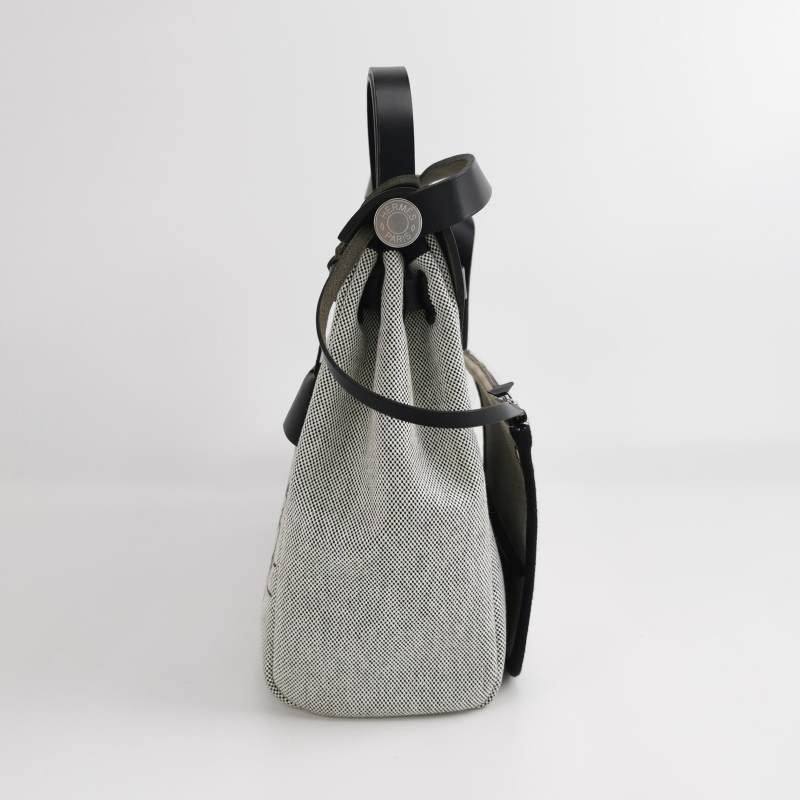 Hermes Herbag31馬鞍釘鎖釦子母包單肩包Hunter牛皮帆布銀扣89黑色淺米色Y刻-2