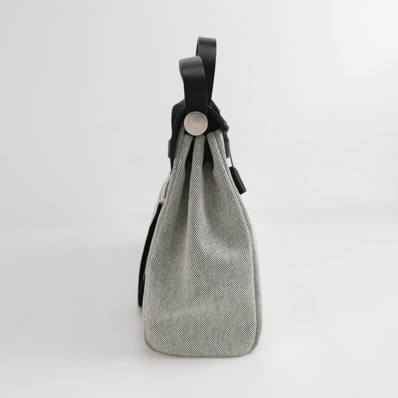 Hermes Herbag31馬鞍釘鎖釦子母包單肩包Hunter牛皮帆布銀扣89黑色淺米色Y刻-3
