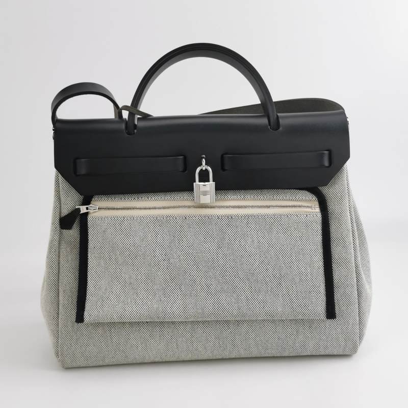 Hermes Herbag31馬鞍釘鎖釦子母包單肩包Hunter牛皮帆布銀扣89黑色淺米色Y刻-4