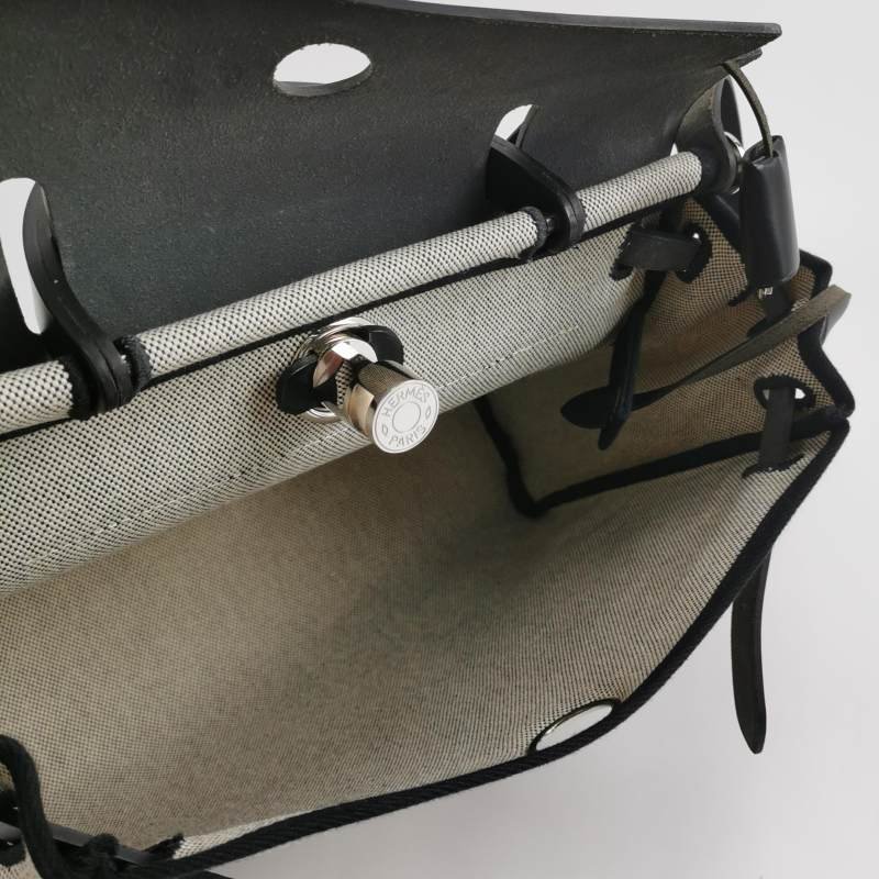 Hermes Herbag31馬鞍釘鎖釦子母包單肩包Hunter牛皮帆布銀扣89黑色淺米色Y刻-6