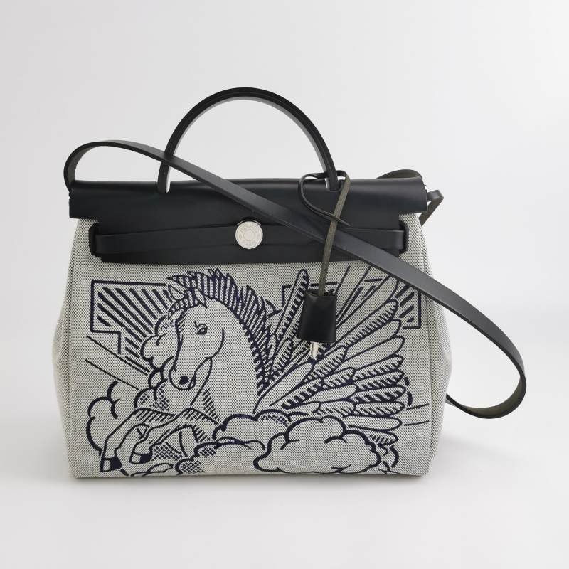 Hermes Herbag31馬鞍釘鎖釦子母包單肩包Hunter牛皮帆布銀扣89黑色淺米色Y刻-7