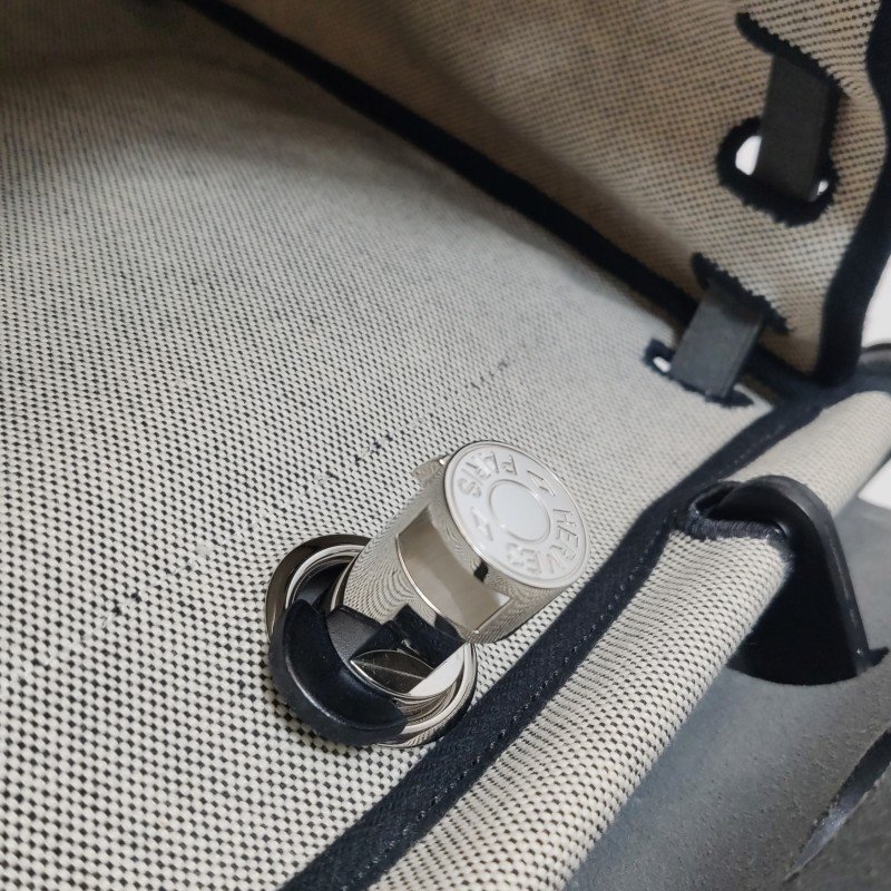 Hermes Herbag31馬鞍釘鎖釦子母包單肩包Hunter牛皮帆布銀扣89黑色淺米色Y刻-11