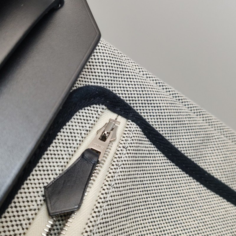 Hermes Herbag31馬鞍釘鎖釦子母包單肩包Hunter牛皮帆布銀扣89黑色淺米色Y刻-12