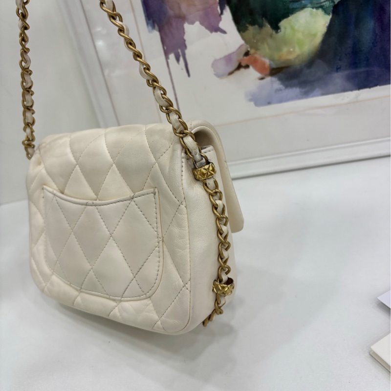 Chanel香奈兒23B滾邊皮穿鏈鳳梨扣白金方胖子芯片款 有單 底長18-2
