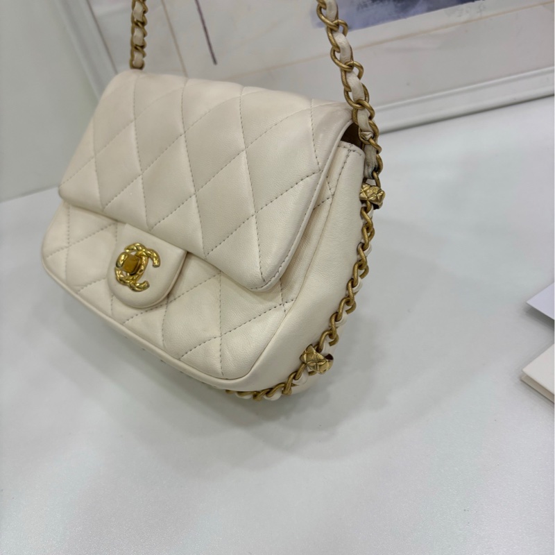 Chanel香奈兒23B滾邊皮穿鏈鳳梨扣白金方胖子芯片款 有單 底長18-3
