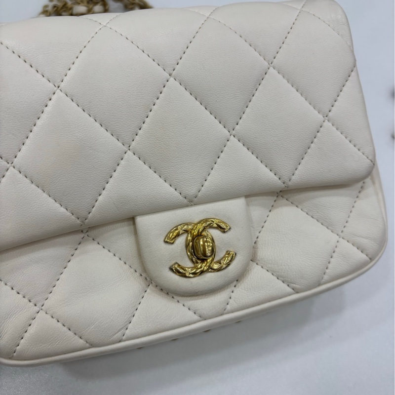 Chanel香奈兒23B滾邊皮穿鏈鳳梨扣白金方胖子芯片款 有單 底長18-4
